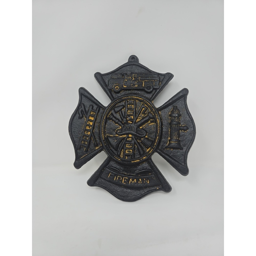 Vintage Fireman‎ Cast Iron Plaque Maltese Firefighter Cross Sign Fire Rescue